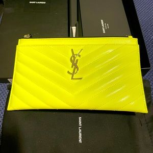 Neon Yellow Green YSL Saint Laurent Monogram Bill Pouch Embossed Leather
